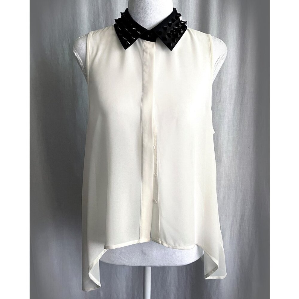 Forever 21 ivory chiffon women's blouse with black studded collar. Size M